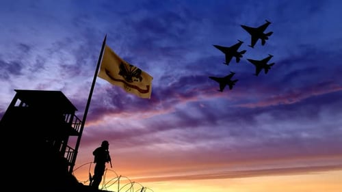 Military Patrol with Flying Jets and Waving Flag at Sunset