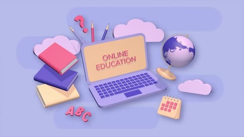 Online Education Concept with 3D Laptop, Books, and Globe Animation