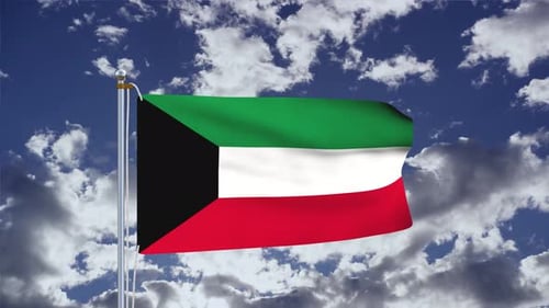 Realistic Kuwait Flag Waving on Flagpole with Sky Background