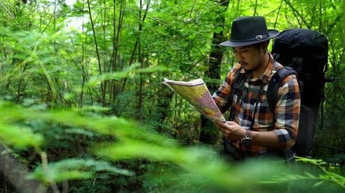 man traveler with backpack and map searching directions in the natural forest