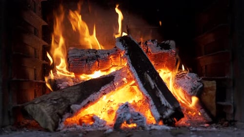 Blazing Fireplace with Burning Flames and Sparks