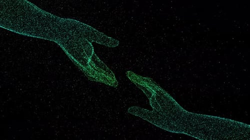 Abstract Digital Particle Hands Reaching Out Animation