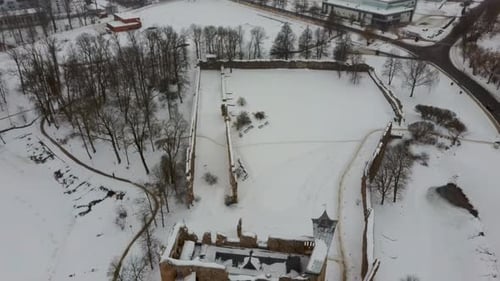 Ruins of Ancient Livonian Order's Stone Medieval Castle Latvia Aerial Drone Top Shot