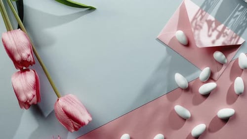 Elegant Wedding Flat Lay with Tulips and Candy