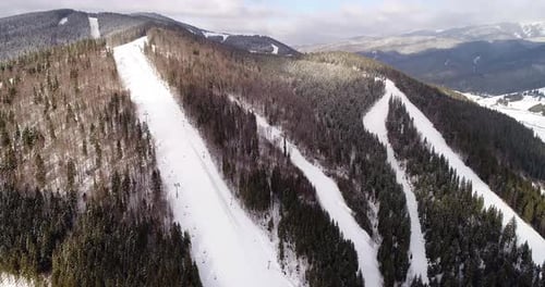 Aerial View of the Ski Resort in Mountains at Winter
