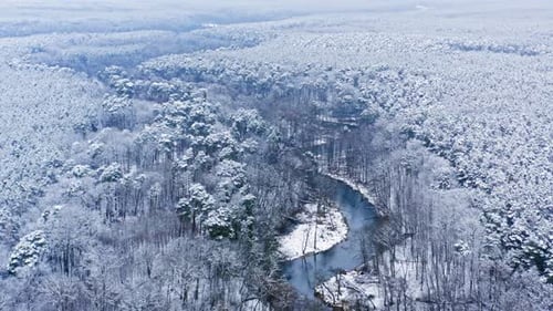 Winter river and snowy forest. Aerial view of wildlife, Poland.