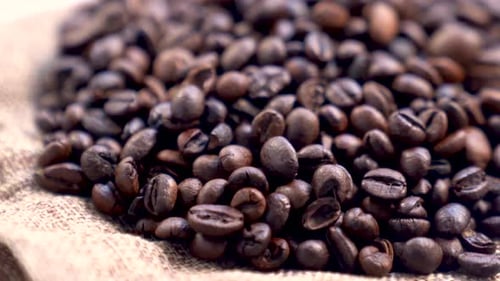 Close Up of Roasted Coffee Beans on Burlap