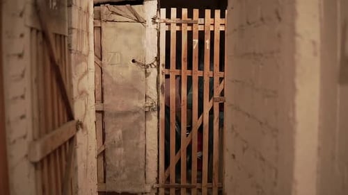 Walk Through An Old Basement With Locked Wooden Doors. Dolly Shot