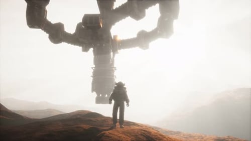 Astronaut Encountering Alien Structure on Barren Planet