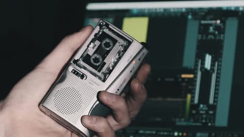 Magnétophone portable à la main enregistre le son ou les interviews sur une mini-cassette