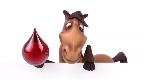 Smiling 3D Animated Horse Character Holding a Red Droplet