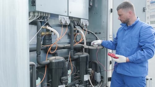 Technician Testing Industrial Air Conditioning with Multimeter