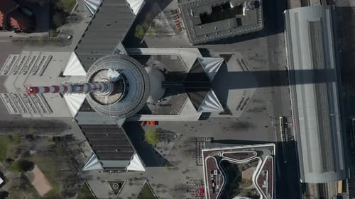AERIAL: Wide View of Empty Berlin, Germany Alexanderplatz TV Tower with Almost No People or Cars on