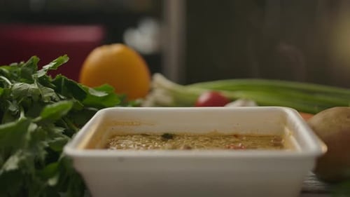 Close Up Steaming Bowl of Ramen with Vegetables