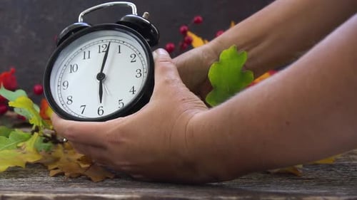 Autumn Time Someones Hands Changing Time One Hour Back on Alarm Clock Slow Motion