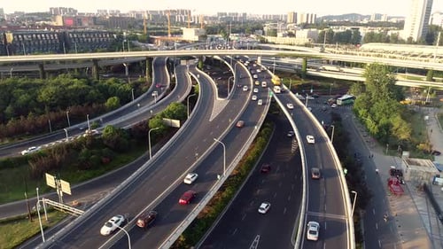 Aerial view of highway and overpass in city