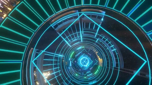 Futuristic technology space tunnel, sci-fi corridor. Cinematic camera move.