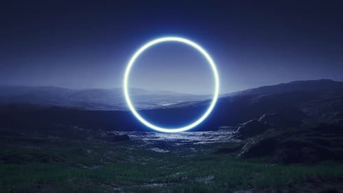 Blue Circle Light on the Night Foggy Landscape