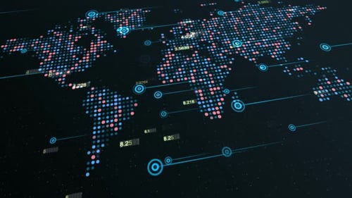 Futuristic Digital World Map with Global Data Network Visualization