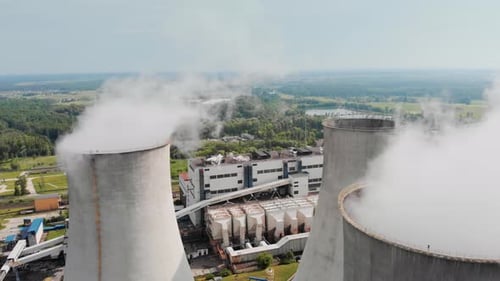 Aerial View of Industrial Power Plant Cooling Towers