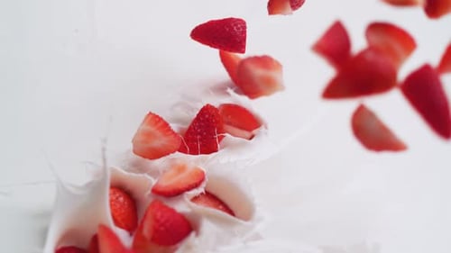 Tossing cut strawberries in yoghurt. Slow Motion.