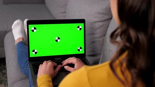 Green Screen Laptop Woman Distance Works for Laptop Typing Text on Keyboard