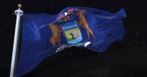 Michigan State Flag Waving in Rain at Night