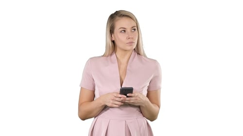 Woman Using Smartphone in Front of White Background