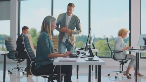 Employees Collaborating in Modern Office Workspace