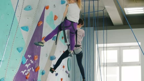 Woman Belays Child on Indoor Rock Climbing Wall