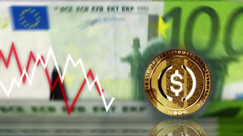 USDC USD Coin stablecoin cryptocurrency coin over 100 Euro banknotes loop