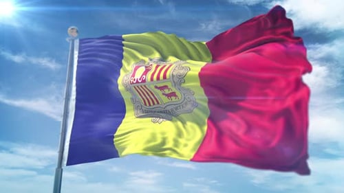 Andorra Flag Waving Against Blue Sky with Sunflare