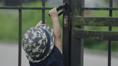 Little Baby Toddler Child Trying Open Iron Gate Wicket Door Holding Black Handle