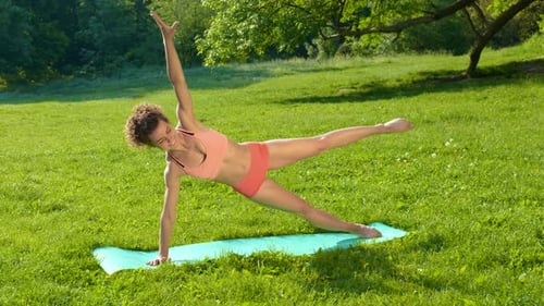 Young Beautiful Girl Doing Fitness Workout on the Grass in the Park