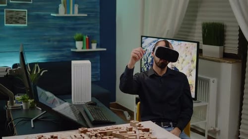 Man Architect Working with Vr Glasses on Building Plan