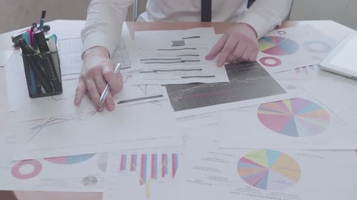 Businessman works with charts and documents