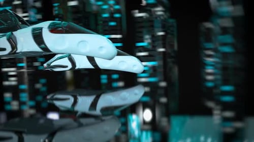 Futuristic White Spaceships Flying Through a Neon Cityscape