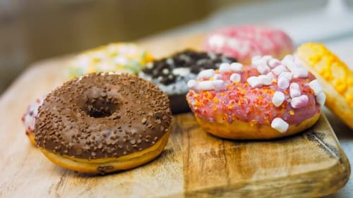 Chocolate Marshmello and Candy Donuts on a Retro Baking Tray