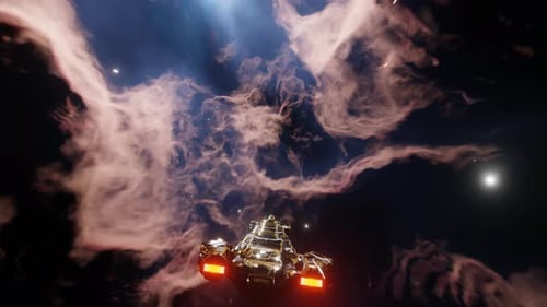 Futuristic Spaceship Flying Through a Cosmic Nebula