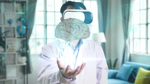 Doctor Holding Virtual Brain with VR Goggles