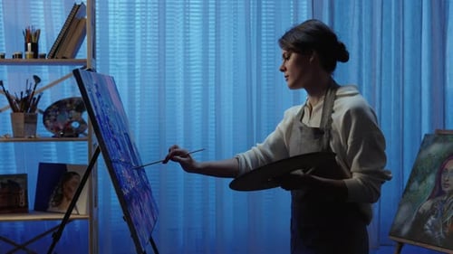 Talented Artist Works on Oil Painting Using a Brush She Draws Modern City with Houses