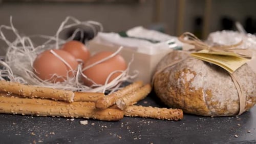 Italian Appetizer Various Types Eggs Eco Biological Cheese and Grissini