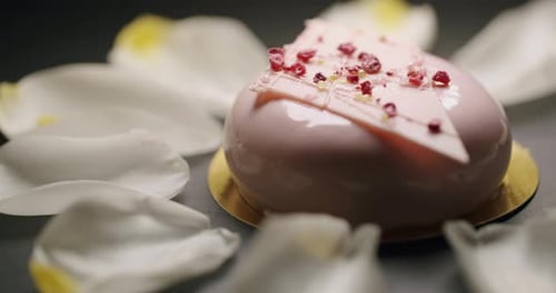 Pink Dessert Cake Surrounded by White Rose Petals