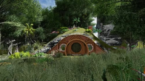 3D Animated Fantasy Hobbit Hole in Lush Forest