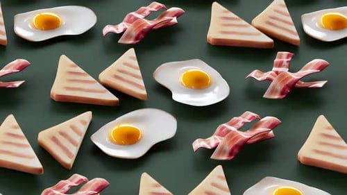 Frühstück. Fastfood-Snacks. Animation von Spiegeleiern, Speck und French Toast.