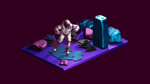 Animated Futuristic Astronaut Jumping on Geometric Space Platform