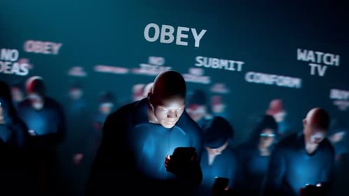 Man hypnotized by his mobile walks in the dark crowd. Zombie walk. Mind control