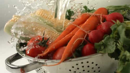 Water splashing onto fresh vegetables, slow motion
