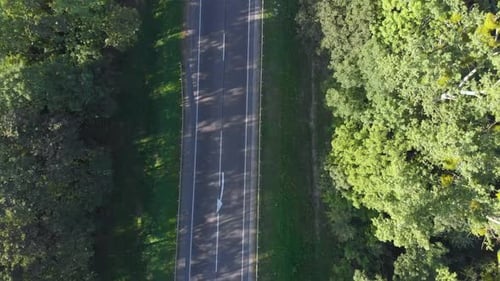 Mit fahrenden Fahrzeugen zwischen Dreien die Straße entlang fliegen