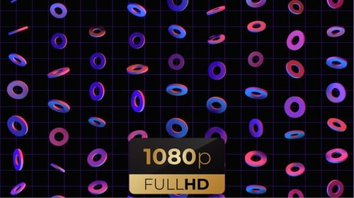 Seamless Loop of Abstract 3D Neon Rings on a Retro Grid Background